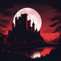 A panoramic view of an old medieval castle nestled within a dense forest on a pitch dark night