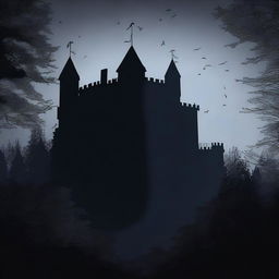 A panoramic view of an old medieval castle nestled in a dense forest, under the cloak of a pitch dark night