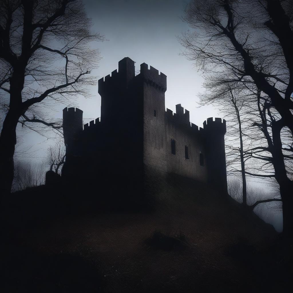 A panoramic view of an old medieval castle nestled in a dense forest, under the cloak of a pitch dark night