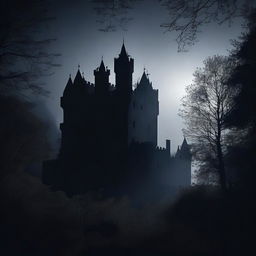 A panoramic view of an old medieval castle nestled in a dense forest, under the cloak of a pitch dark night