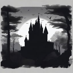 A panoramic view of an old medieval castle nestled in a dense forest, under the cloak of a pitch dark night