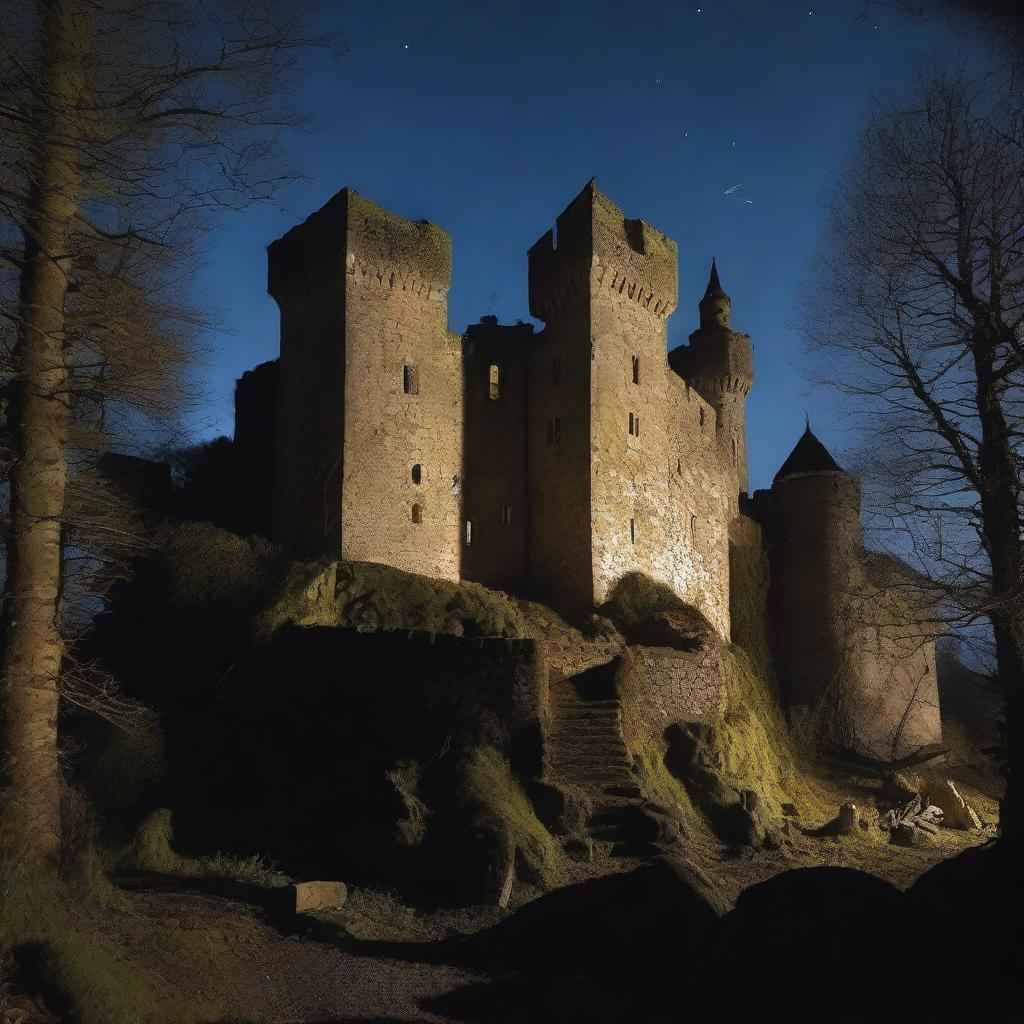 A panoramic view of an old and small medieval castle nestled in the heart of a dense forest, under the pitch dark night sky