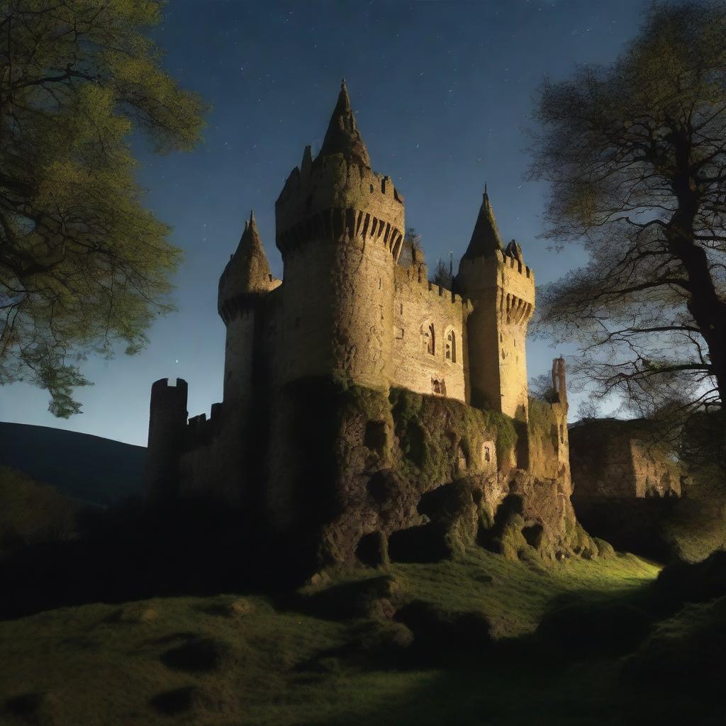 A panoramic view of an old and small medieval castle nestled in the heart of a dense forest, under the pitch dark night sky