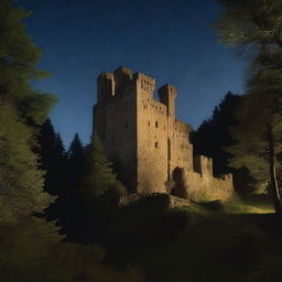 A panoramic view of an old and small medieval castle nestled in the heart of a dense forest, under the pitch dark night sky