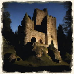 A panoramic view of an old and small medieval castle nestled in the heart of a dense forest, under the pitch dark night sky