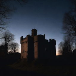 A panoramic view of a small medieval castle situated in the midst of a forest under the pitch dark night sky