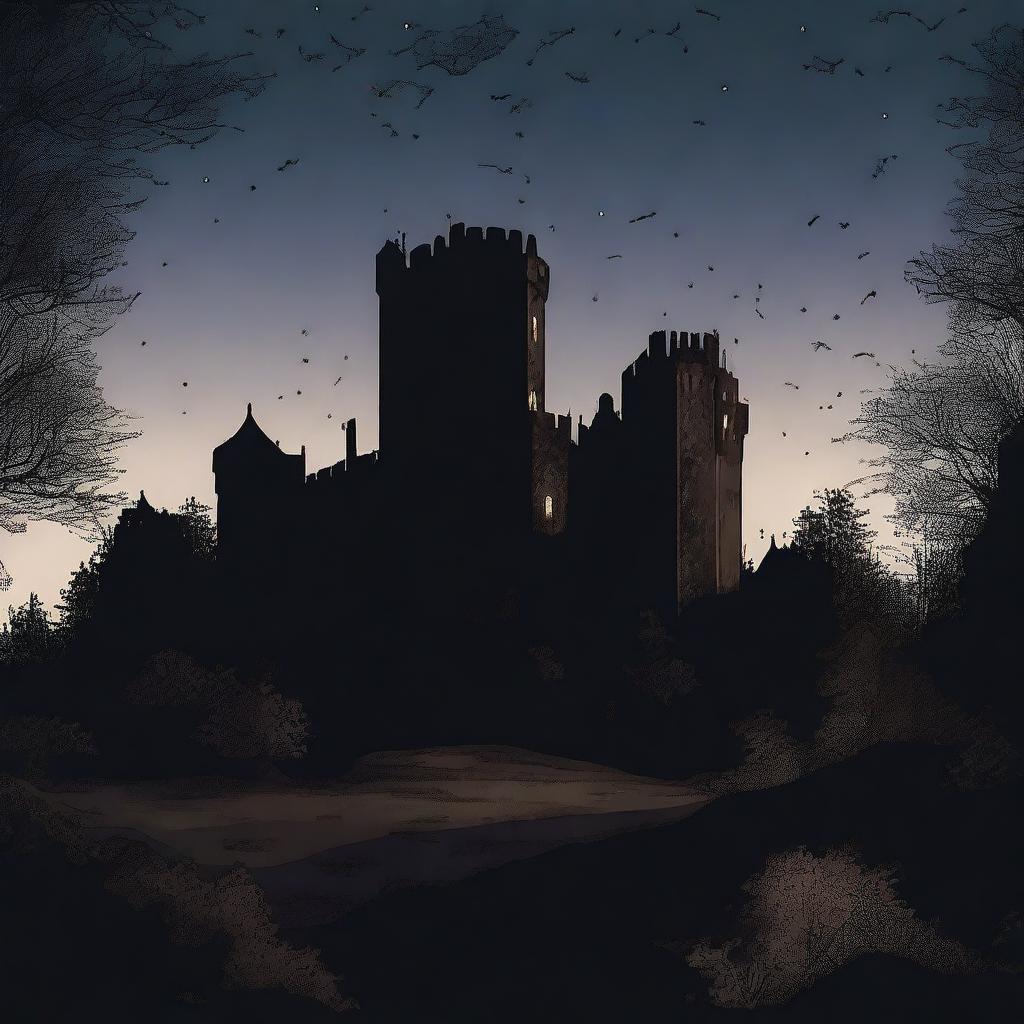 A panoramic view of a small medieval castle situated in the midst of a forest under the pitch dark night sky