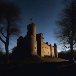 A panoramic view of a small medieval castle situated in the midst of a forest under the pitch dark night sky