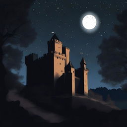 A panoramic view of a small medieval castle situated in the midst of a forest under the pitch dark night sky