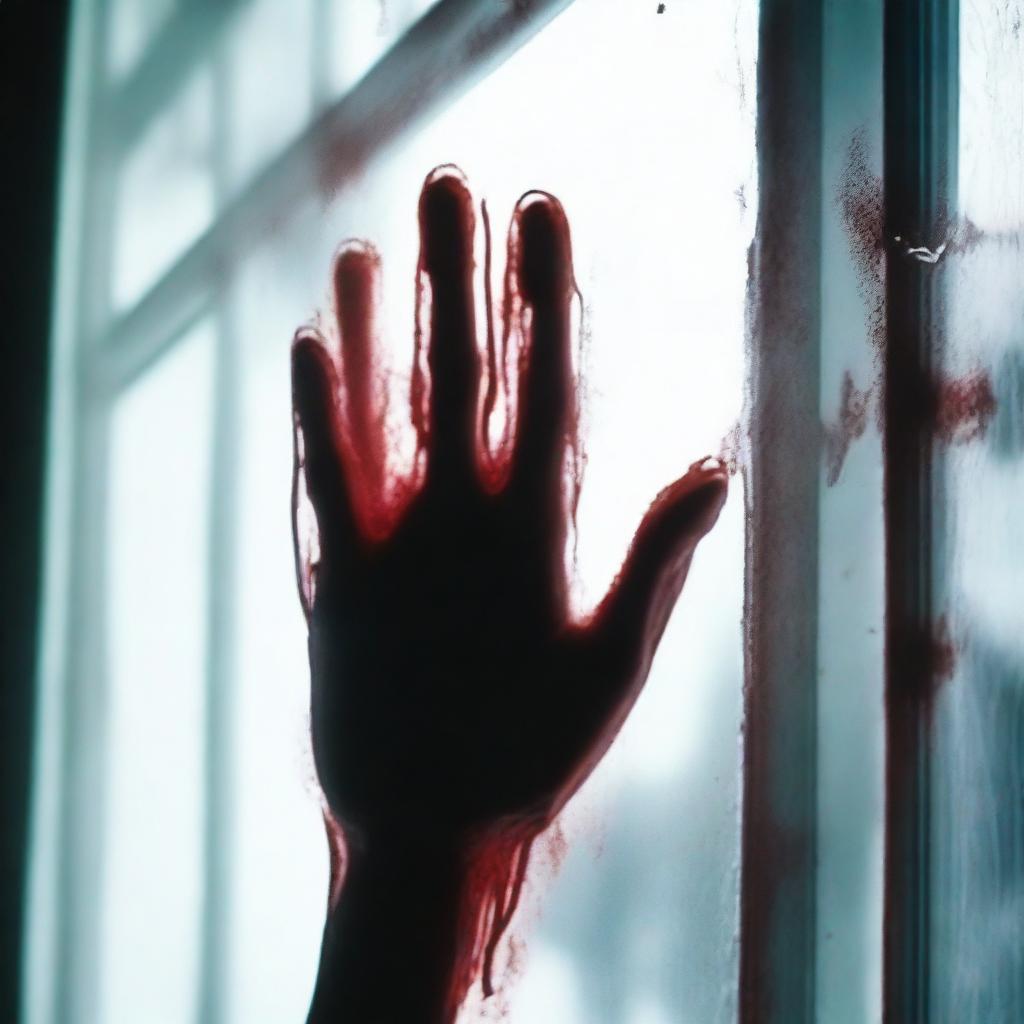 A chilling image of a hand covered in blood, pressed against the cold surface of a window glass