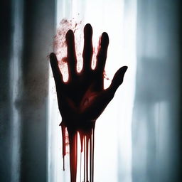 A chilling image of a hand covered in blood, pressed against the cold surface of a window glass