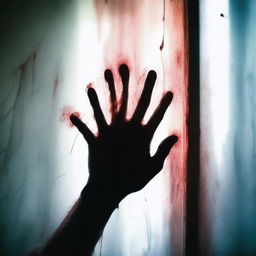 A chilling image of a hand covered in blood, pressed against the cold surface of a window glass