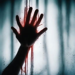 A chilling image of a hand covered in blood, pressed against the cold surface of a window glass