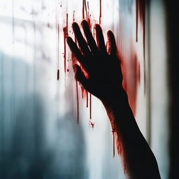 A haunting image of a hand covered in blood, pressed against a fading window glass