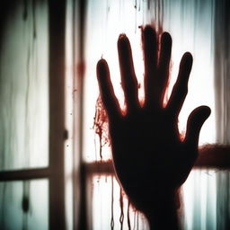 A haunting image of a hand covered in blood, pressed against a fading window glass