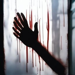 A haunting image of a hand covered in blood, pressed against a fading window glass