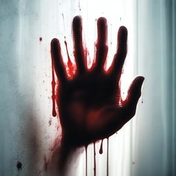 A haunting image of a hand covered in blood, pressed against a fading window glass