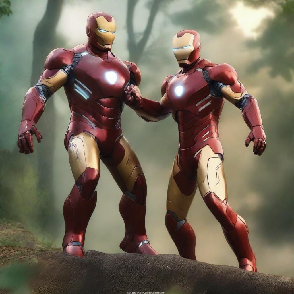 A high resolution 2k ultra HD image of Iron Man and Virat Kohli in a friendly combat scenario in a jungle setting during sunset