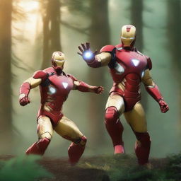 A high resolution 2k ultra HD image of Iron Man and Virat Kohli in a friendly combat scenario in a jungle setting during sunset