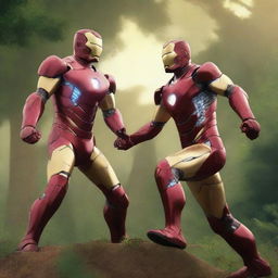 A high resolution 2k ultra HD image of Iron Man and Virat Kohli in a friendly combat scenario in a jungle setting during sunset