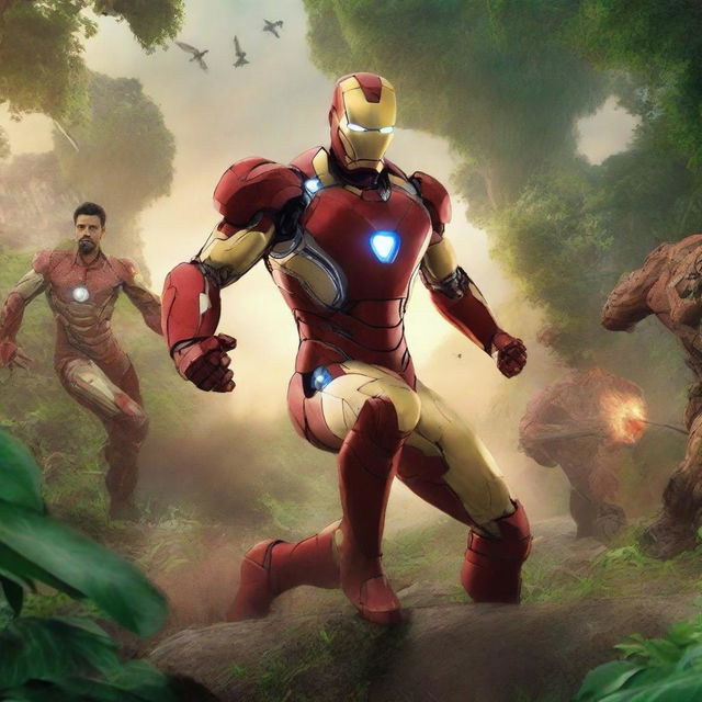 A high resolution 2k ultra HD image of Iron Man and Virat Kohli in a friendly combat scenario in a jungle setting during sunset