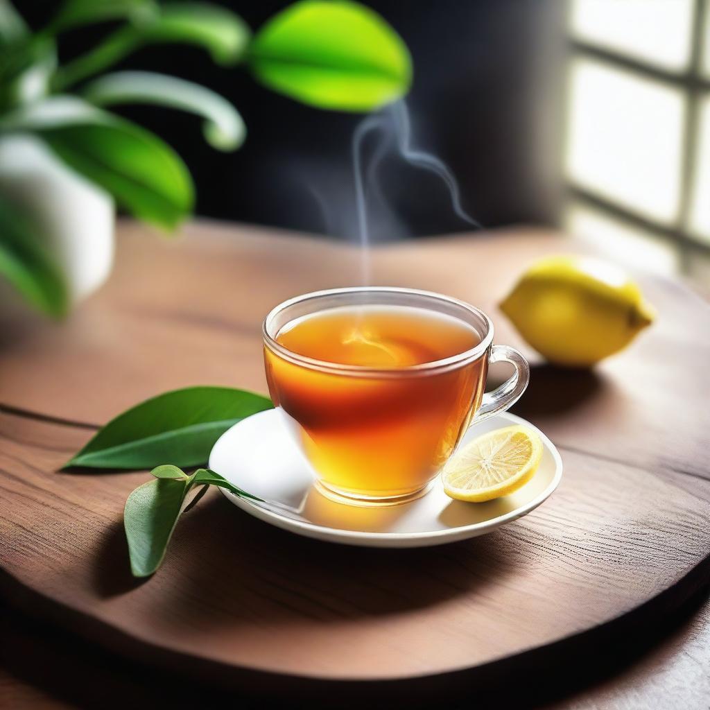 Generate an image of a steaming cup of tea placed neatly on a wooden table