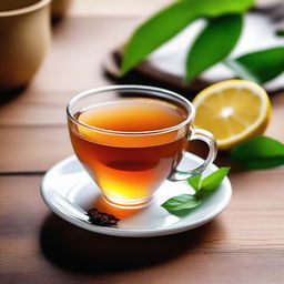 Generate an image of a steaming cup of tea placed neatly on a wooden table