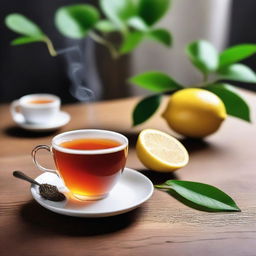 Generate an image of a steaming cup of tea placed neatly on a wooden table