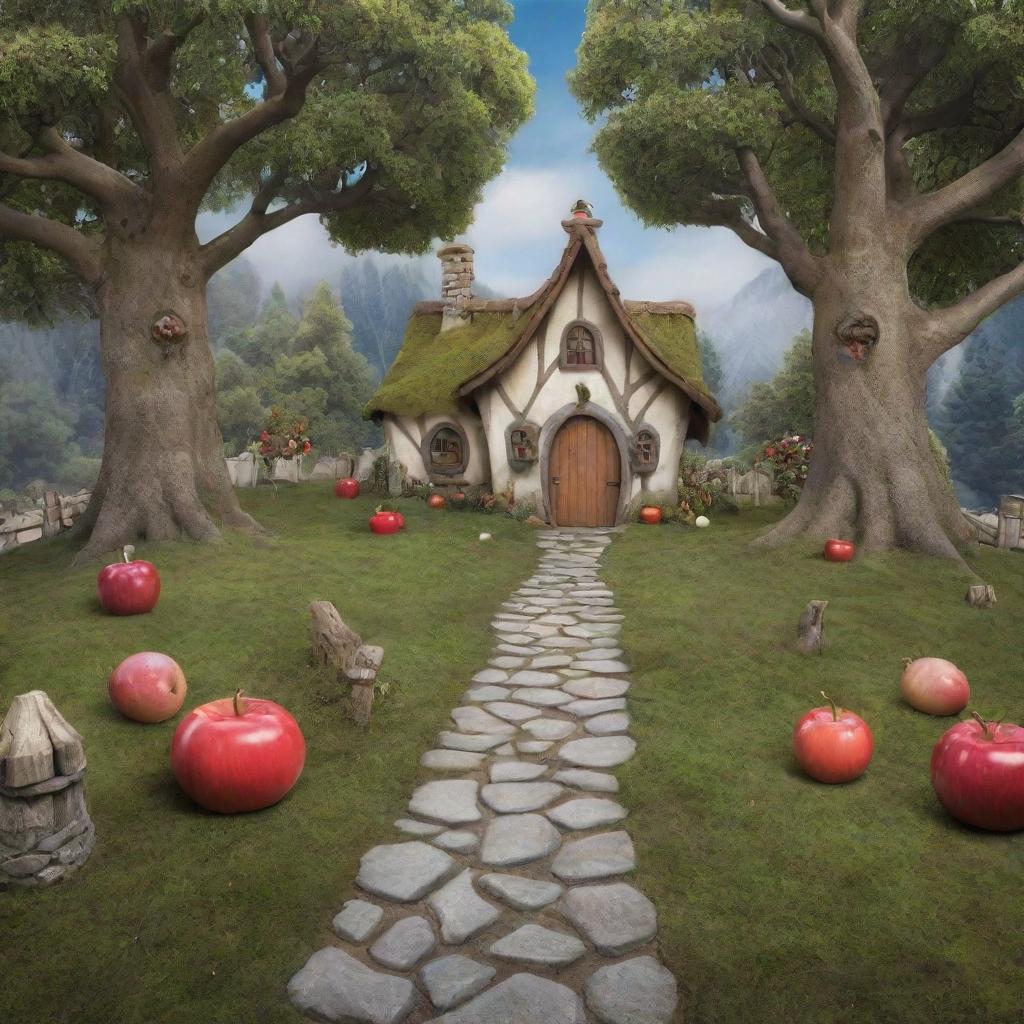 A charming, visually striking photography backdrop illustrating a scene from Snow White: a whimsical forest setting with Snow White's picturesque cottage in the backdrop.