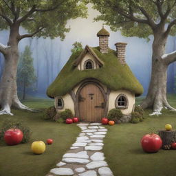 A charming, visually striking photography backdrop illustrating a scene from Snow White: a whimsical forest setting with Snow White's picturesque cottage in the backdrop.