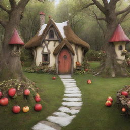 A charming, visually striking photography backdrop illustrating a scene from Snow White: a whimsical forest setting with Snow White's picturesque cottage in the backdrop.