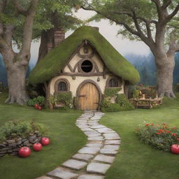 A charming, visually striking photography backdrop illustrating a scene from Snow White: a whimsical forest setting with Snow White's picturesque cottage in the backdrop.