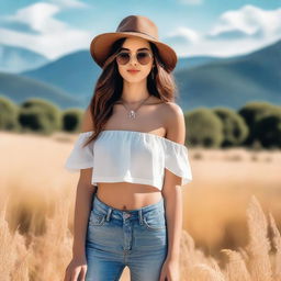 Generate an image of a fashionable young woman, showcasing a confident and attractive aura