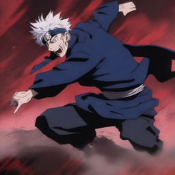 An intense scene where Gojo Satoru, the powerful jujutsu sorcerer, is seen battling and defeating Sukuna, the King of Curses