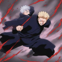 An intense scene where Gojo Satoru, the powerful jujutsu sorcerer, is seen battling and defeating Sukuna, the King of Curses