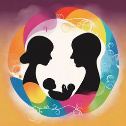 Generate a vibrant and colourful image that symbolizes 'Whispers of Conception and the Womb: How Early Memories Shape Our Life Journey', focusing on a man, a woman, and their child in the womb