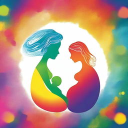 Generate a vibrant and colourful image that symbolizes 'Whispers of Conception and the Womb: How Early Memories Shape Our Life Journey', focusing on a man, a woman, and their child in the womb