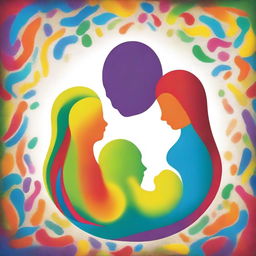 Generate a vibrant and colourful image that symbolizes 'Whispers of Conception and the Womb: How Early Memories Shape Our Life Journey', focusing on a man, a woman, and their child in the womb