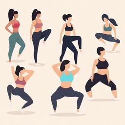 Generate an image of girls in a fitness setting, demonstrating various yoga or workout poses