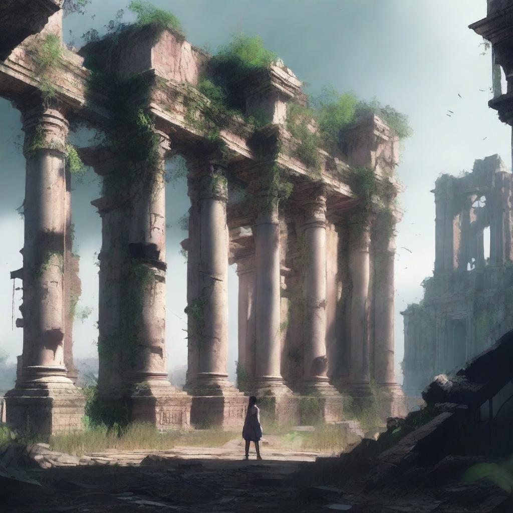 Generate an image of a solitary girl standing amidst the ruins of a forgotten city