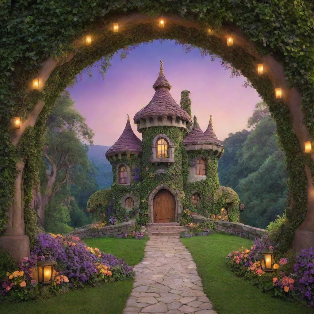 An enchanting photography backdrop inspired by Disney's 'Tangled', featuring Rapunzel's tower set amidst a verdant forest with vibrant, dusk-lit colors and fairy-tale charm.