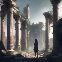 Generate an image of a solitary girl standing amidst the ruins of a forgotten city