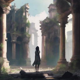 Generate an image of a solitary girl standing amidst the ruins of a forgotten city