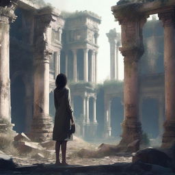 Generate an image of a solitary girl standing amidst the ruins of a forgotten city