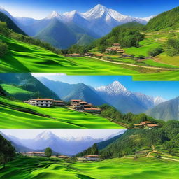 Generate an image of a beautiful hill station, showcasing the lush greenery, serene environment, picturesque landscapes, and stunning mountain views