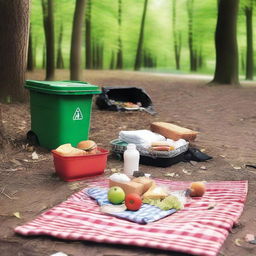 Depict a scene of a picnic site where garbage has been carelessly spilled near a dustbin