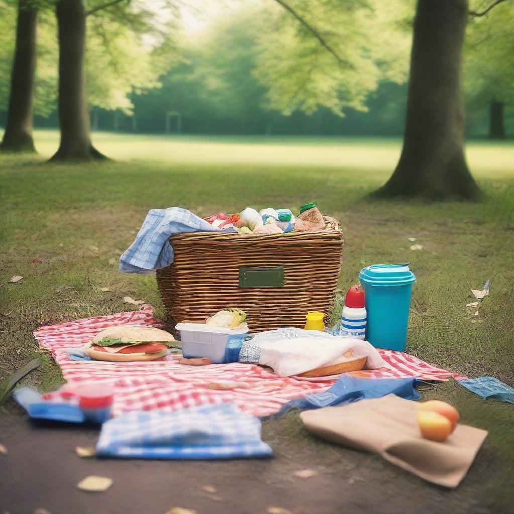 Depict a scene of a picnic site where garbage has been carelessly spilled near a dustbin