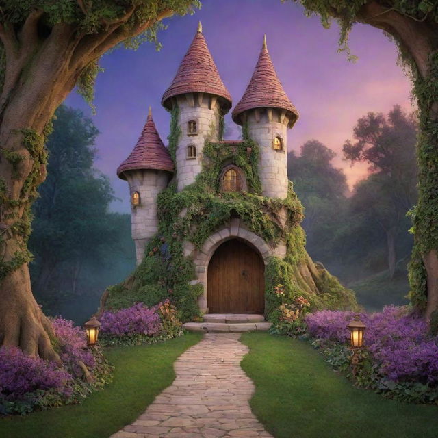 An enchanting photography backdrop inspired by Disney's 'Tangled', featuring Rapunzel's tower set amidst a verdant forest with vibrant, dusk-lit colors and fairy-tale charm.