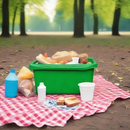 Depict a scene of a picnic site where garbage has been carelessly spilled near a dustbin