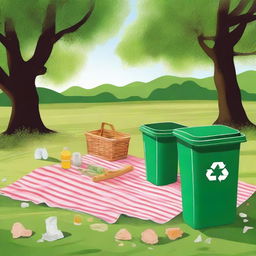 Depict a scene of a picnic site where garbage has been carelessly spilled near a dustbin, but this time the dustbin is at a distance